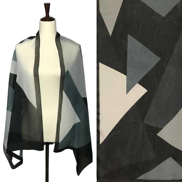Wholesale Silky Dress Scarves - 1909 A021 - Black Multi Black Geometric Print  - 