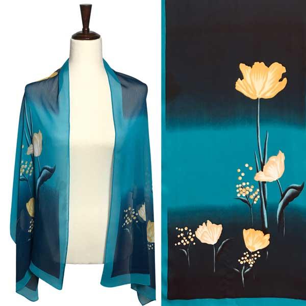 Wholesale Silky Dress Scarves - 1909 A032 Teal Floral on Black - 