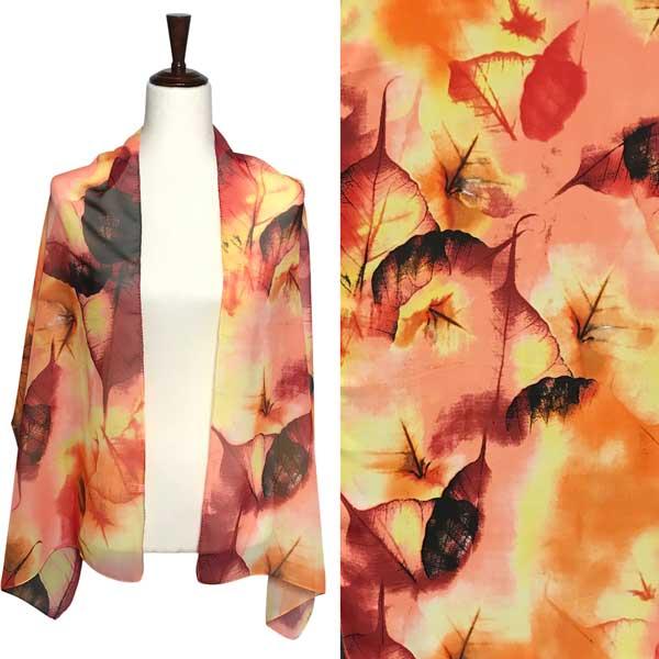 Wholesale Silky Dress Scarves - 1909 A040 Coral Leaves Leaves in Coral Multi - 
