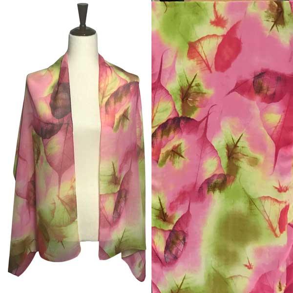 Wholesale Silky Dress Scarves - 1909 A041 Pink Multi Leaves in Pink Multi - 