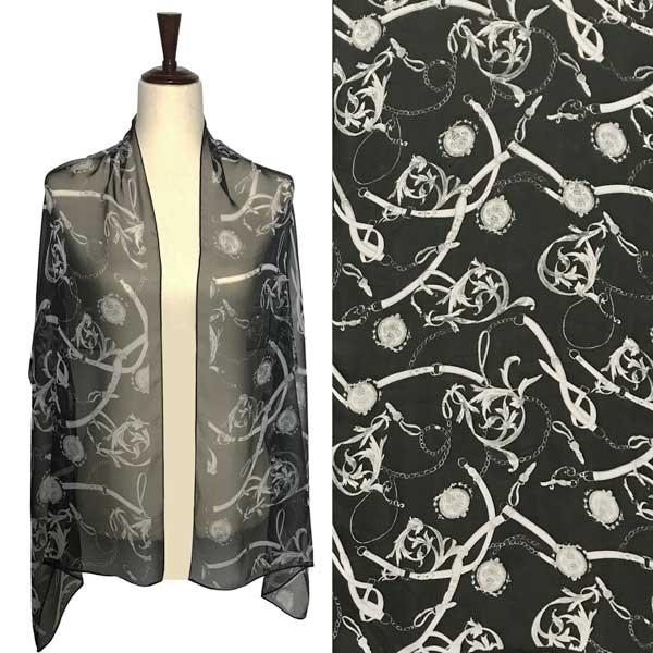 Wholesale Silky Dress Scarves - 1909 A042 Black Belts and Chain Print on Black - 
