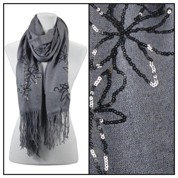 Wholesale 2409 - Sequined Cashmere Feel Scarves Floral 4108 - Grey - 