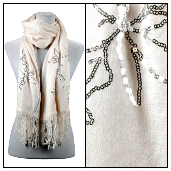Wholesale 2409 - Sequined Cashmere Feel Scarves Floral 4108 - Off White - 
