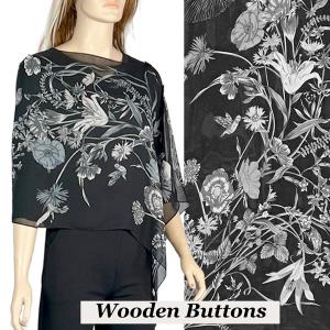 2451 - Silky Two Button Shawl  SBW-FLBK Black Wooden Buttons<br> Floral Grey on Black
 - 