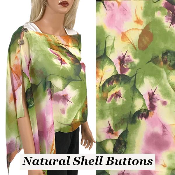 Wholesale 2451 - Silky Two Button Shawl  A006 Shell Buttons<br>
Green/Pink Leaves - 