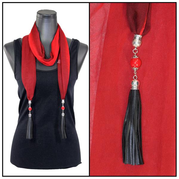 Wholesale 9001 - Tasseled Silky Dress Scarves Tri-Color - Black-Maroon-Red<br>
Leather Tassels - 