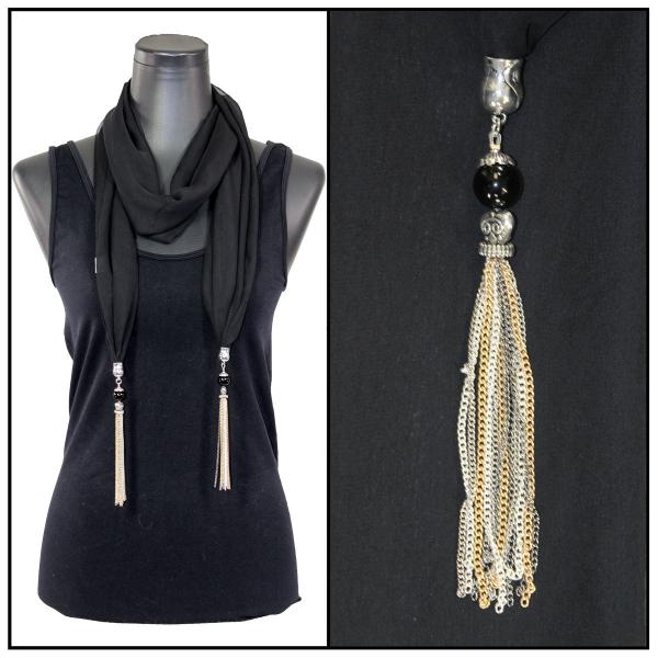 wholesale 9001 - Tasseled Silky Dress Scarves Solid Black<br>
Metal Tassels - 