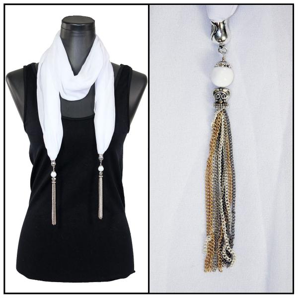 wholesale 9001 - Tasseled Silky Dress Scarves Solid White<br>
Metal Tassels - 