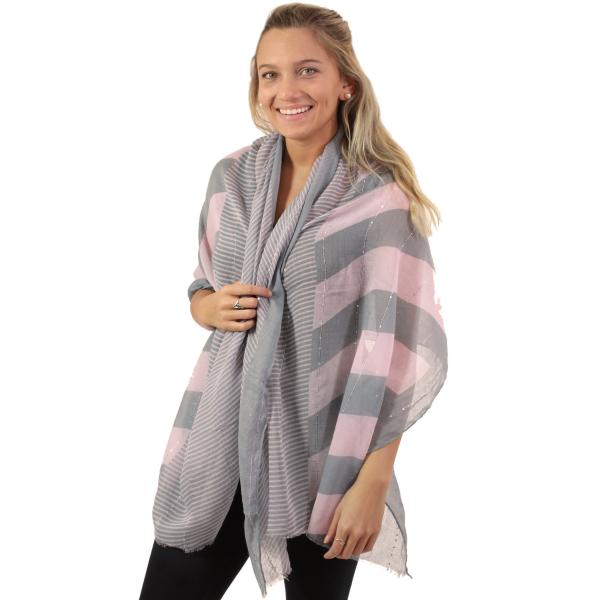 Wholesale 8441 - Multi Stripe Sequin Scarf Pink-Grey - 