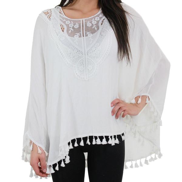 wholesale 8031 - Embroidered Poncho w/ Tassels White - 