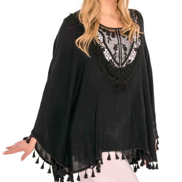 Wholesale 8031 - Embroidered Poncho w/ Tassels Black - 