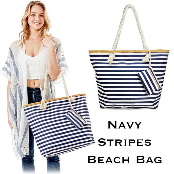 Wholesale 2917 - Rope Handle Tote Bags 317 - Navy Stripes<br>
Bag with Matching Wallet - 20.5 