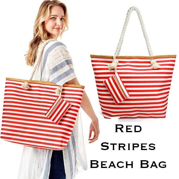 Wholesale 2917 - Rope Handle Tote Bags 317 - Red Stripes<br>
Bag with Matching Wallet - 20.5 