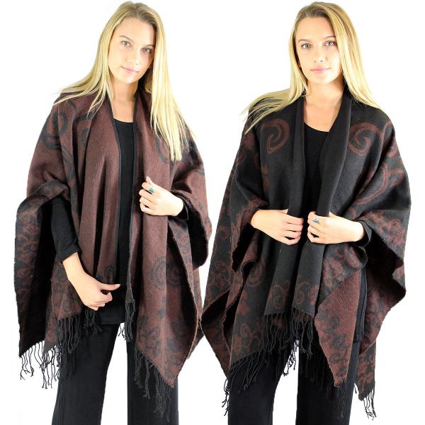 Wholesale 2965 - Ruana Printed Capes Wool Feel - Floral Swirl Black-Brown - 