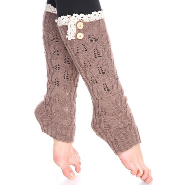 Wholesale 6455 Leg Warmers Leaf with Button & Lace 264x105 - Taupe - 