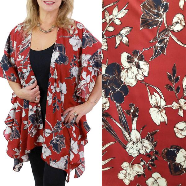 Wholesale Ruffled Kimonos - 3097/1310 1263 - Burgundy<br>Flower Print Kimono - 