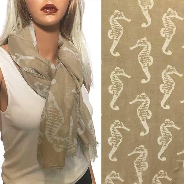 Wholesale 3111 - Nautical Print Scarves Oblong and Infinity 076 Beige <br> Seahorse Print Scarf/Shawl - 