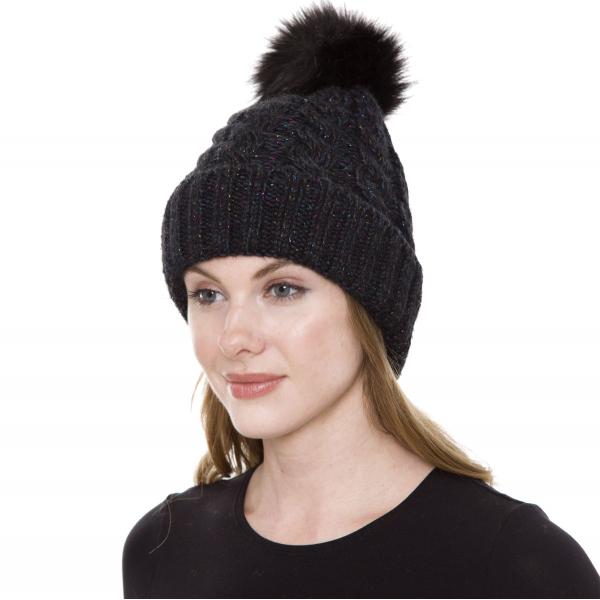 Wholesale 3114 - Winter Knit Hats JH248 Black Pom Pom Cable Knit Sparkle Hat with Sherpa Lining  - One Size Fits Most