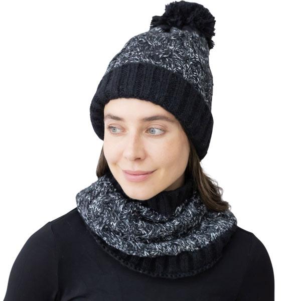 Wholesale 3114 - Winter Knit Hats 1021 - Black
Hat and Neck Warmer Set - One Size Fits Most