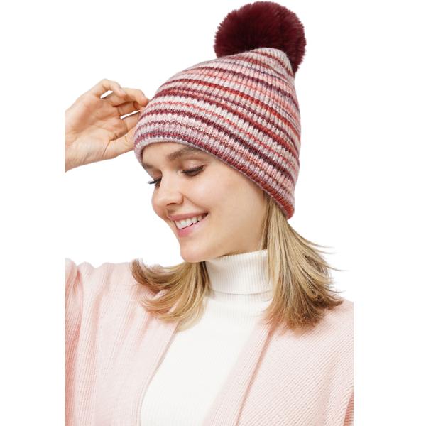 Wholesale 3114 - Winter Knit Hats 10687 - Burgundy Multi<br>
Striped Knit Beanie with PomPom - One Size Fits Most