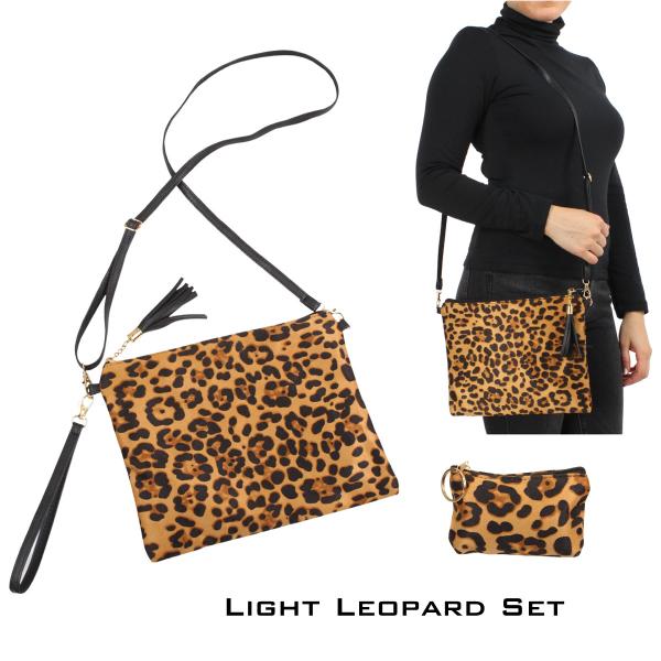 Wholesale 3315 - Crossbody Bags & Small Purses  9379 - Light Leopard<br> 
Sueded Crossbody Bag and Coin Purse - 
