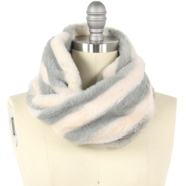 Wholesale 3118 - Faux Fur Cowl Neck Scarves 9457 Striped Grey - 