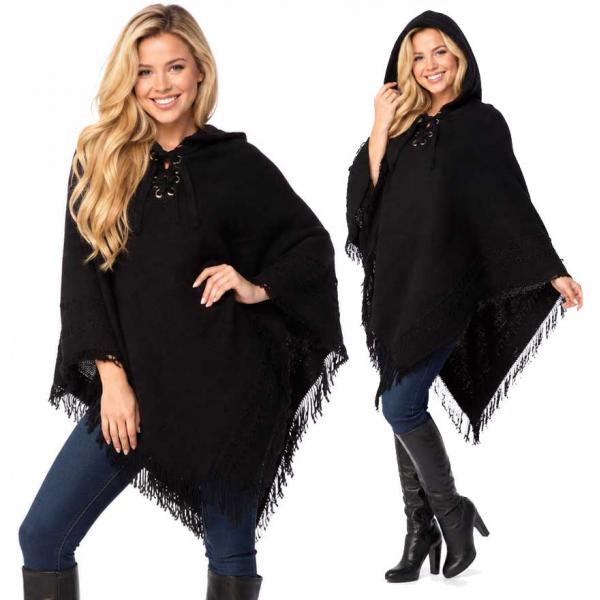 90B7 - Knitted Poncho with Hood - Black 90B7 - Knitted Poncho with Hood Black -