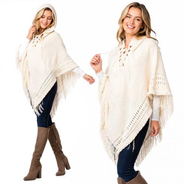 90B7 - Knitted Poncho with Hood - Ivory 90B7 - Knitted Poncho with Hood Ivory -