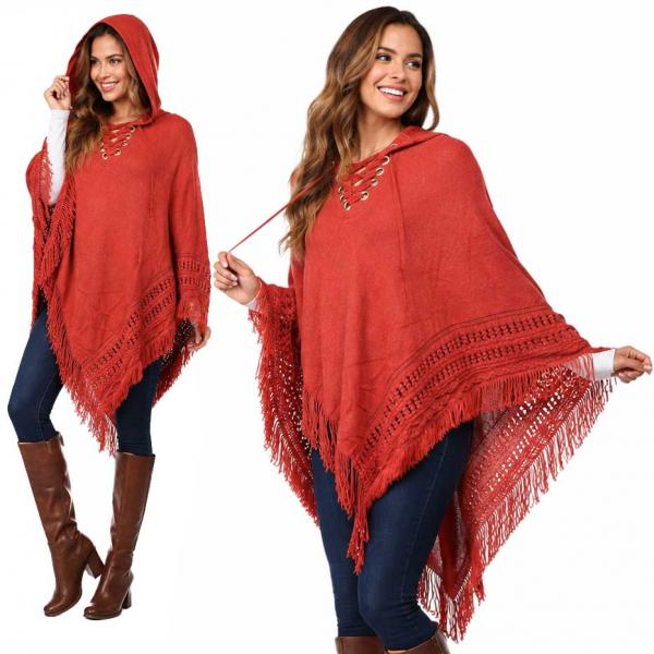 90B7 - Knitted Poncho with Hood - Paprika 90B7 - Knitted Poncho with Hood Paprika -