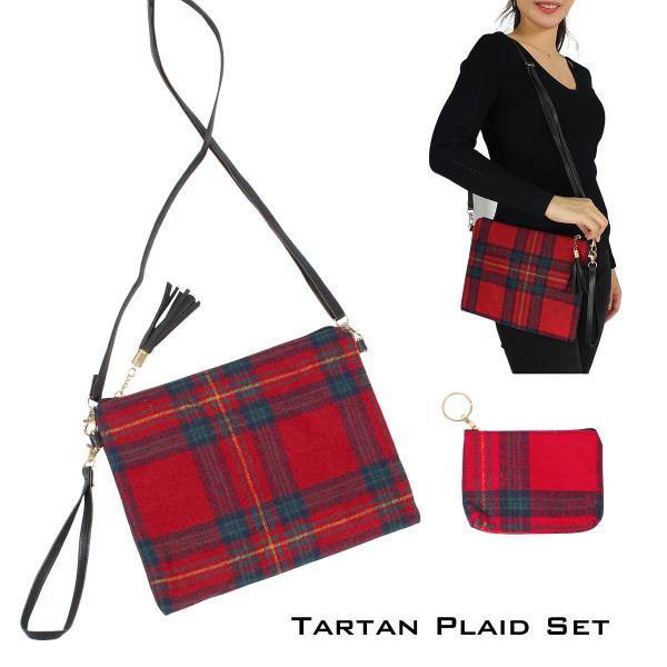Wholesale Matching Pieces for Autumn and Winter 3178 10004 TARTAN PLAID RED Crossbody Bag & Coin Purse (Two Piece Set) - 
