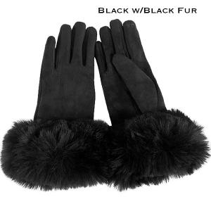 LC02 - Faux Rabbit Fur Trim Gloves #01 - Black w/Black Fur  
 - One Size Fits Most