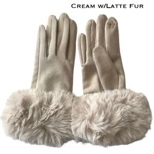 LC02 - Faux Rabbit Fur Trim Gloves #02 - Cream w/Latte Fur  - One Size Fits Most