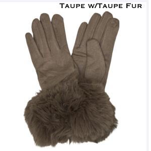 LC02 - Faux Rabbit Fur Trim Gloves #18 - Taupe w/ Taupe Fur - 