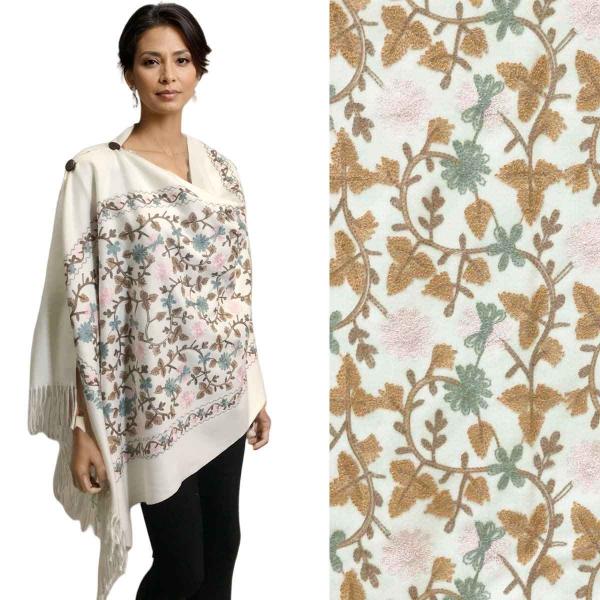 Wholesale 534 - Cashmere Feel Shawls w/Jeweled Buttons Cream Floral - 