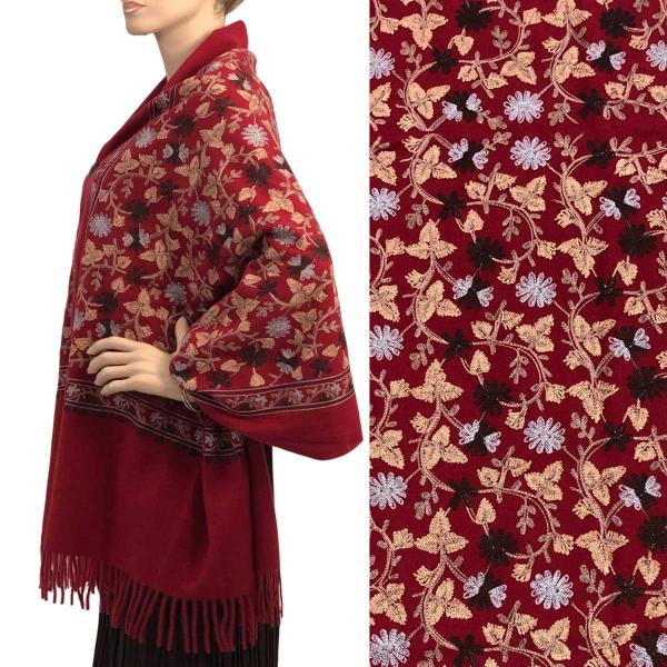wholesale 3218 - Embroidered Cashmere Feel Button Shawls Burgundy Floral  - 