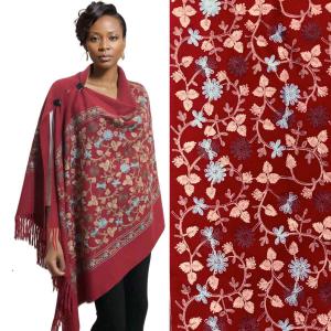 3218 - Embroidered Cashmere Feel Button Shawls Burgundy Floral  - 