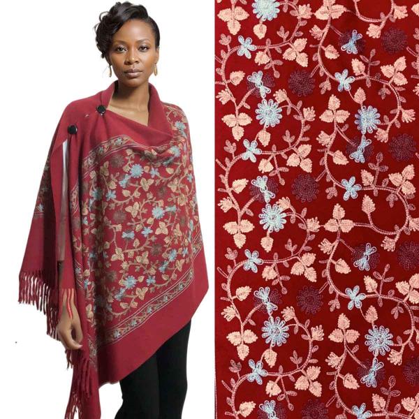 Wholesale 3218 - Embroidered Cashmere Feel Button Shawls Burgundy Floral  - 