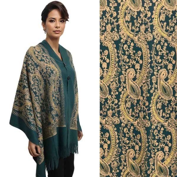 Wholesale 3218 - Embroidered Cashmere Feel Button Shawls Dark Green Paisley* - 
