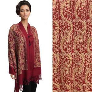 3218 - Embroidered Cashmere Feel Button Shawls Burgundy Paisley* - 