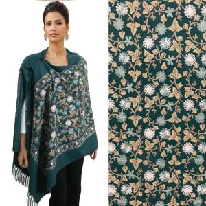 3218 - Embroidered Cashmere Feel Button Shawls Dark Green Floral* - 