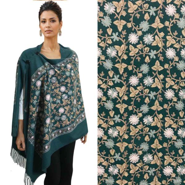 Wholesale 3218 - Embroidered Cashmere Feel Button Shawls Dark Green Floral* - 