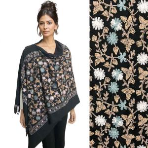 3218 - Embroidered Cashmere Feel Button Shawls Black Floral - 