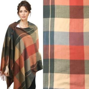 3306 - Plaid Button Shawls 3306 Plaid Green-Paprika-Beige with Brown Buttons - 