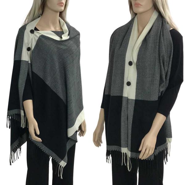Wholesale 624 - Cashmere Feel Wooden Button Shawls  TWO TONE BLACK-GREY with Black Wooden Buttons  - 