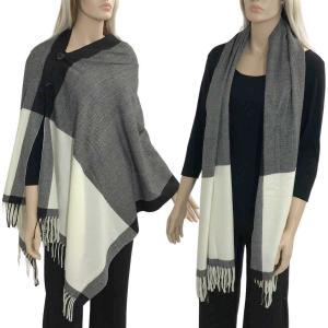 624 - Cashmere Feel Wooden Button Shawls  TWO TONE BLACK-IVORY with Black Wooden Buttons  - 