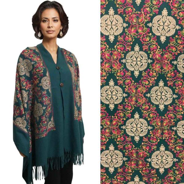 1225 - Ideas for Christmas Season  - Dark Green Multi Festival Embroidered Cashmere Feel Shawl w/Wooden Buttons  One Size Fits All 1225 - Ideas for Christmas Season  Dark Green Multi Festival Embroidered Cashmere Feel Shawl w/Wooden Buttons  - One Size Fits All