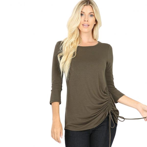 Wholesale 1887 - 3/4 Sleeve Ruched Tops DARK OLIVE 3/4 Sleeve Round Neck Side Ruched 1887 - Small