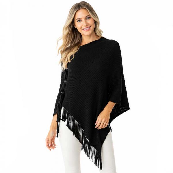 5004 - Knit Poncho w/Tie Embellishment - Black 5004 - Knit Poncho w/Tie Embellishment Black -