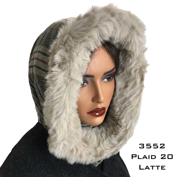 Wholesale 3552 - Fur Trimmed Infinity Hood  Plaid #20 <br> Latte Fur Trimmed Infinity Hood - 