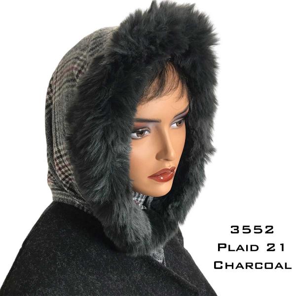 Wholesale 3552 - Fur Trimmed Infinity Hood  Plaid #21<br>  Charcoal Fur Trimmed Infinity Hood - 